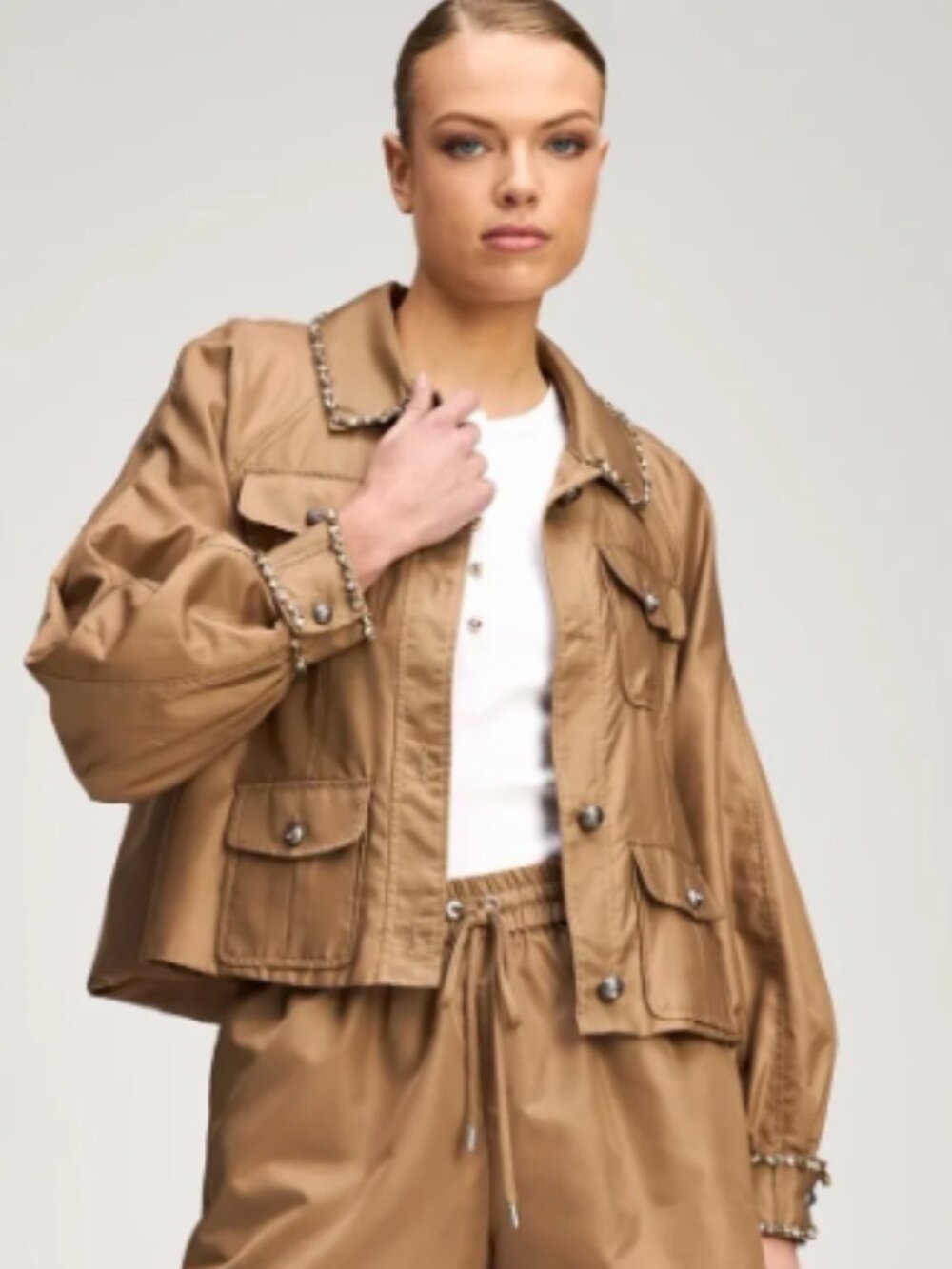 Cinq a Sept Rhinestone Chain Adami Jacket Size Small Brown Sandstone